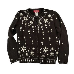 Christmas Cardigan Button Up Sweater Pearls Beads Embroidery Snowflakes Womens S